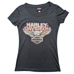 Harley Davidson Women's Medium Grey Black‎ Graphic Eagle Short Sleeve Tee Shirt